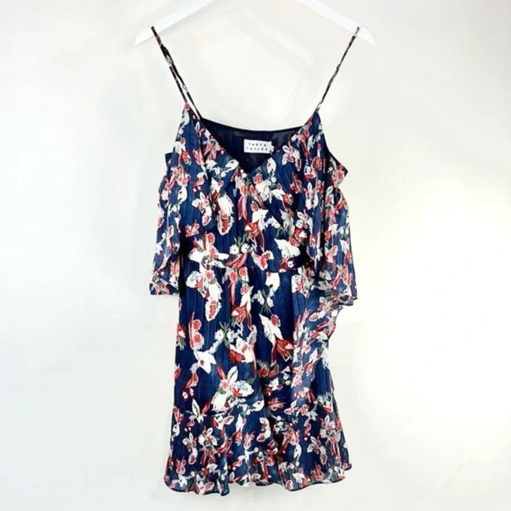 Tanya Taylor Amylia Navy Floral-Ikat Silk Stripe Short Dress